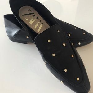 NEW! Zara black leather studded loafers